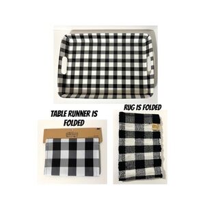 3 Pc Set, Buffalo Plaid Table Runner, Large Tray & Rug, Black & White, NEW